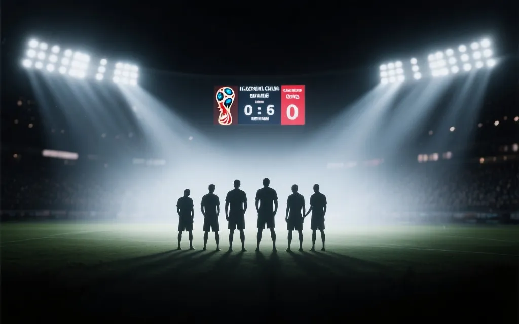 世界杯决赛夜的球场灯光与球员剪影，紧张氛围、电影质感